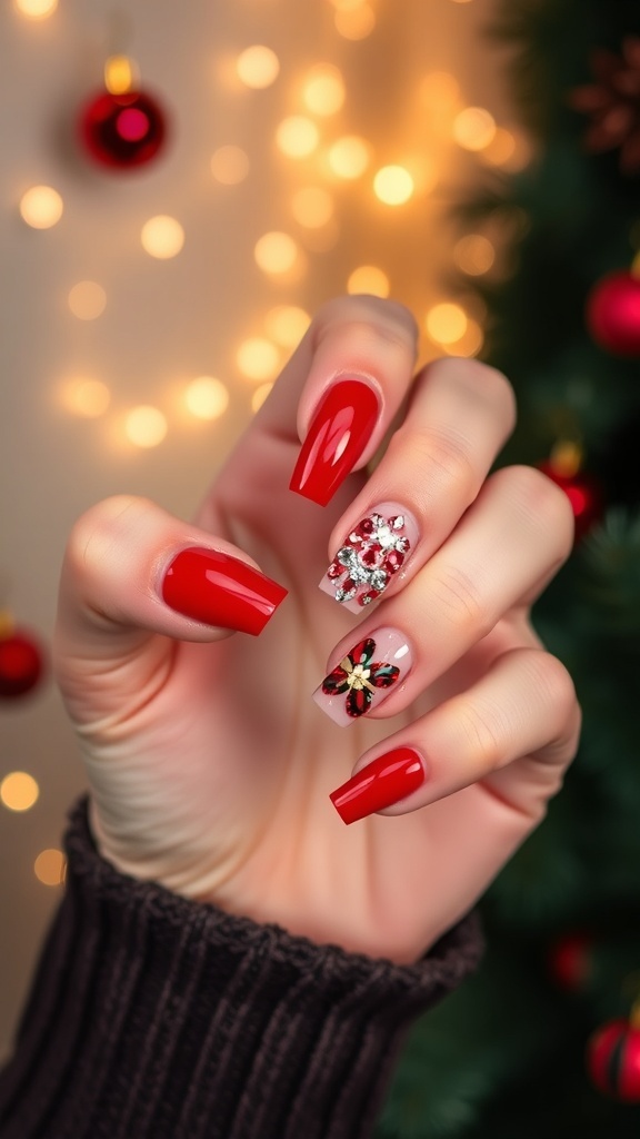 Elegant red Christmas nails with festive designs and sparkling embellishments.